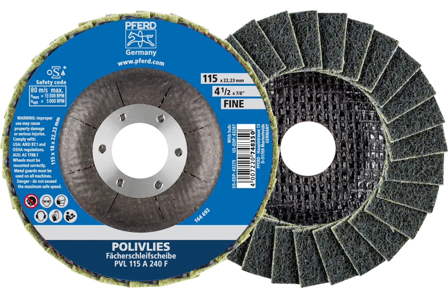 Picture of Pferd Polivlies® Non-Woven Flap Disc, 4-1/2" x 7/8, 240 Grit, Fine, Aluminum oxide